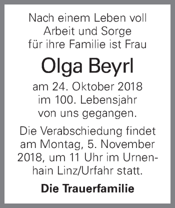 Traueranzeige von Olga Beyrl von OÖNachrichten