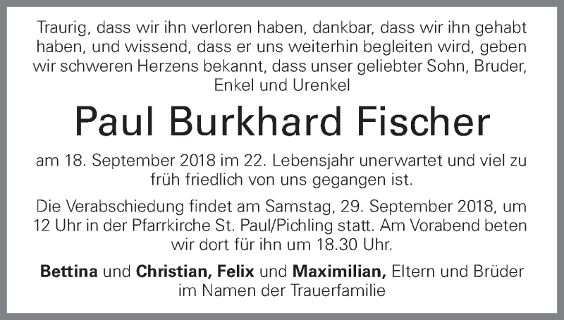  Traueranzeige für Paul Burkhard Fischer vom 22.09.2018 aus OÖNachrichten