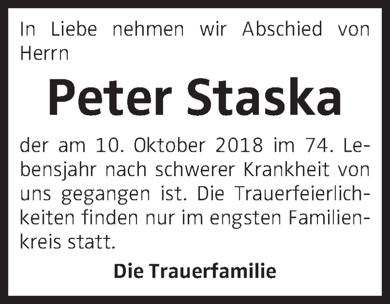  Traueranzeige für Peter Staska vom 11.10.2018 aus OÖNachrichten