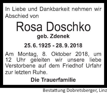Traueranzeige von Rosa Doschko von OÖNachrichten