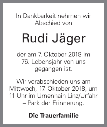 Traueranzeige von Rudi Jäger von OÖNachrichten