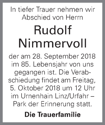 Traueranzeige von Rudolf Nimmervoll von OÖNachrichten