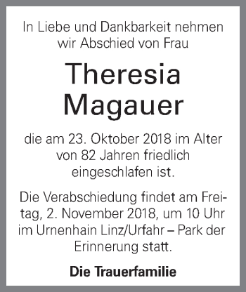 Traueranzeige von Theresia Magauer von OÖNachrichten