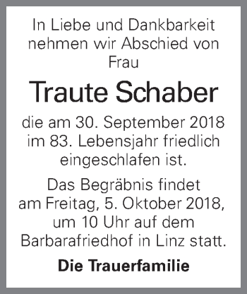 Traueranzeige von Traute Schaber von OÖNachrichten