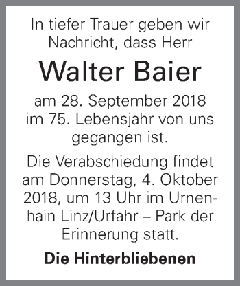Traueranzeige von Walter Baier von OÖNachrichten