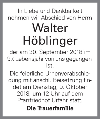 Traueranzeige von Walter Höblinger von OÖNachrichten