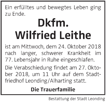 Traueranzeige von Wilfried Leithe von OÖNachrichten