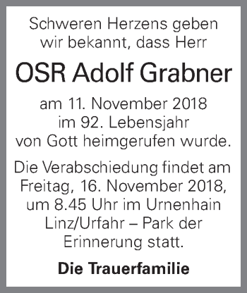 Traueranzeige von Adolf Grabner von OÖNachrichten