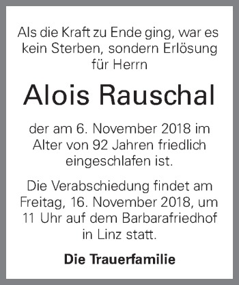 Traueranzeige von Alois Rauschal von OÖNachrichten