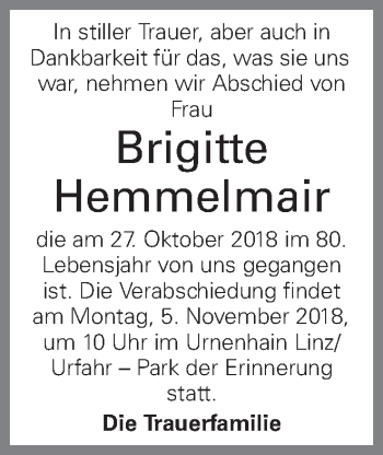 Traueranzeige von Brigitte Hemmelmair von OÖNachrichten