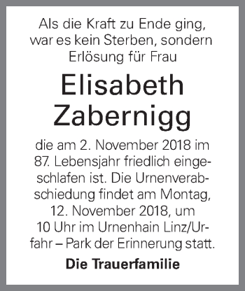 Traueranzeige von Elisabeth Zabernigg von OÖNachrichten
