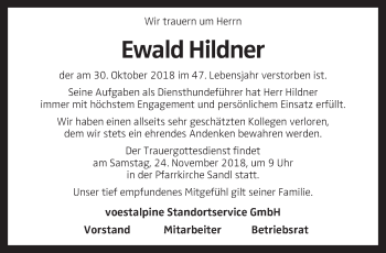 Traueranzeige von Ewald Hildner von OÖNachrichten