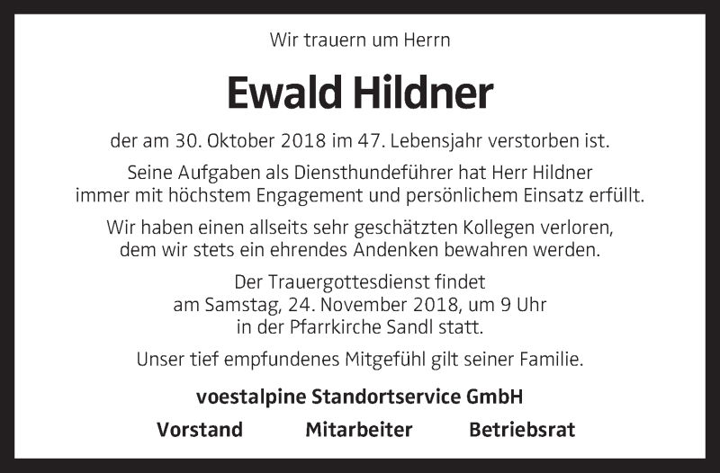  Traueranzeige für Ewald Hildner vom 08.11.2018 aus OÖNachrichten