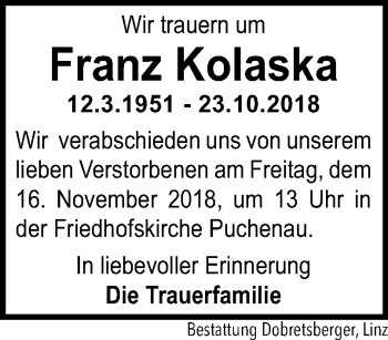 Traueranzeige von Franz Kolaska von OÖNachrichten