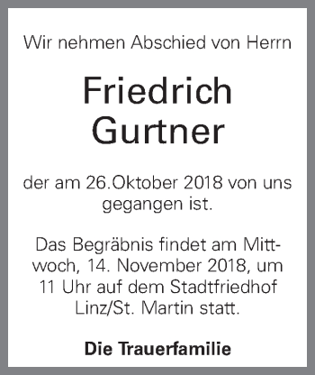 Traueranzeige von Friedrich Gurtner von OÖNachrichten