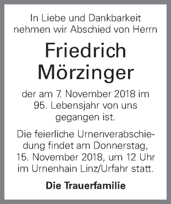 Traueranzeige von Friedrich Mörzinger von OÖNachrichten