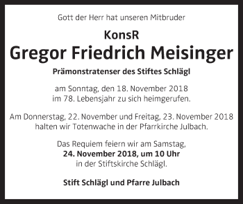 Traueranzeige von Gregor Friedrich Meisinger von OÖNachrichten