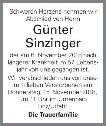 Traueranzeige von Günter Sinzinger von OÖNachrichten