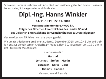 Traueranzeige von Hanns Winkler von OÖNachrichten