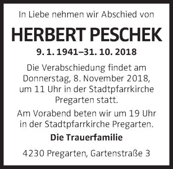 Traueranzeige von Herbert Peschek von OÖNachrichten