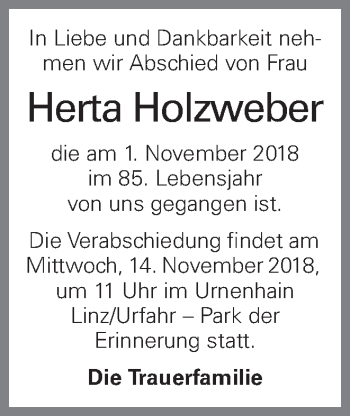 Traueranzeige von Herta Holzweber von OÖNachrichten