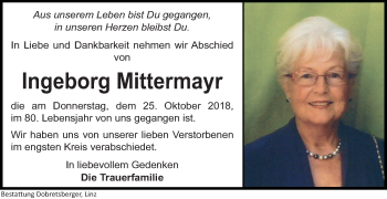 Traueranzeige von Ingeborg Mittermayr von OÖNachrichten