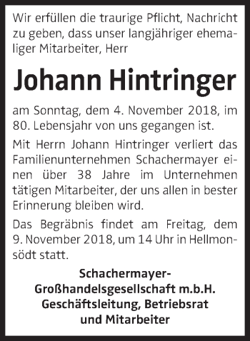 Traueranzeige von Johann Hintringer von OÖNachrichten