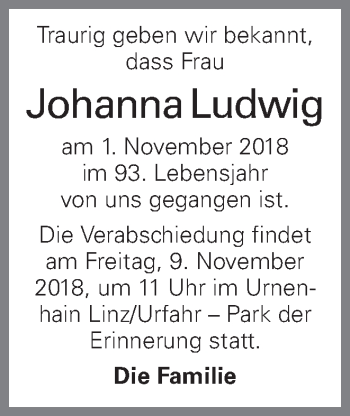 Traueranzeige von Johanna Ludwig von OÖNachrichten