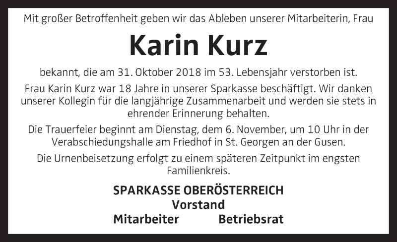  Traueranzeige für Karin Kurz vom 03.11.2018 aus OÖNachrichten