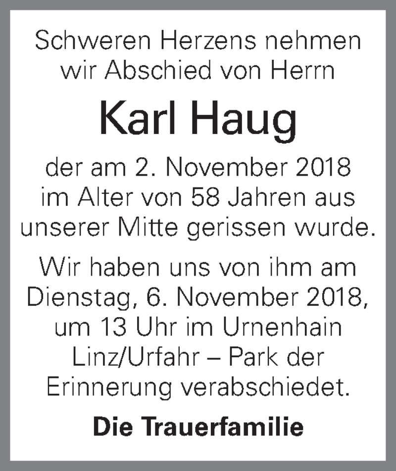  Traueranzeige für Karl Haug vom 07.11.2018 aus OÖNachrichten