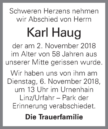 Traueranzeige von Karl Haug von OÖNachrichten