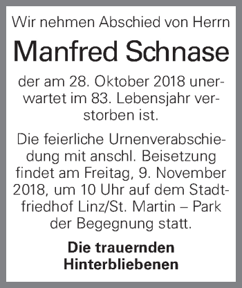 Traueranzeige von Manfred Schnase von OÖNachrichten