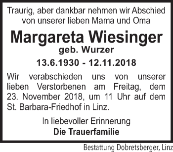 Traueranzeige von Margareta Wiesinger von OÖNachrichten