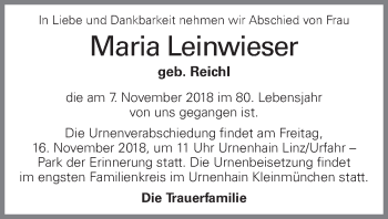Traueranzeige von Maria Leinwieser von OÖNachrichten