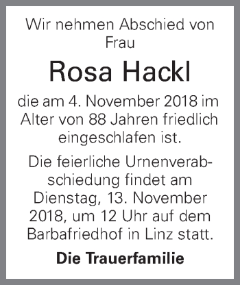 Traueranzeige von Rosa Hackl von OÖNachrichten