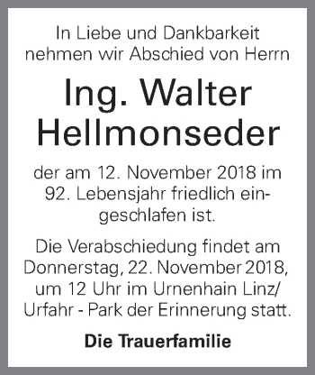 Traueranzeige von Walter Hellmonseder von OÖNachrichten
