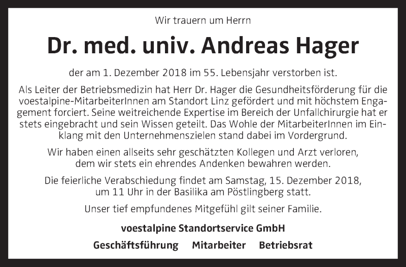  Traueranzeige für Andreas Hager vom 07.12.2018 aus OÖNachrichten