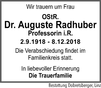 Traueranzeige von Auguste RAdhuber von OÖNachrichten