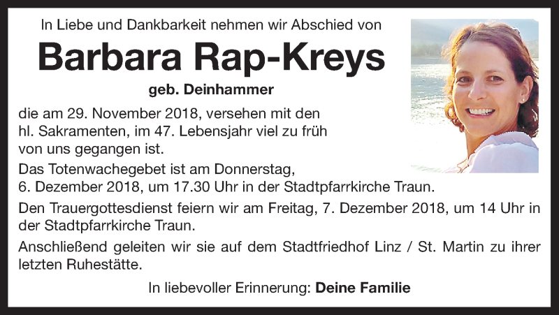  Traueranzeige für Barbara Rap-Kreys vom 05.12.2018 aus OÖNachrichten