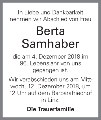 Traueranzeige von Berta Samhaber von OÖNachrichten