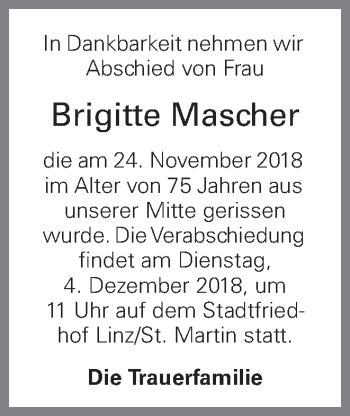 Traueranzeige von Brigitte Mascher von OÖNachrichten
