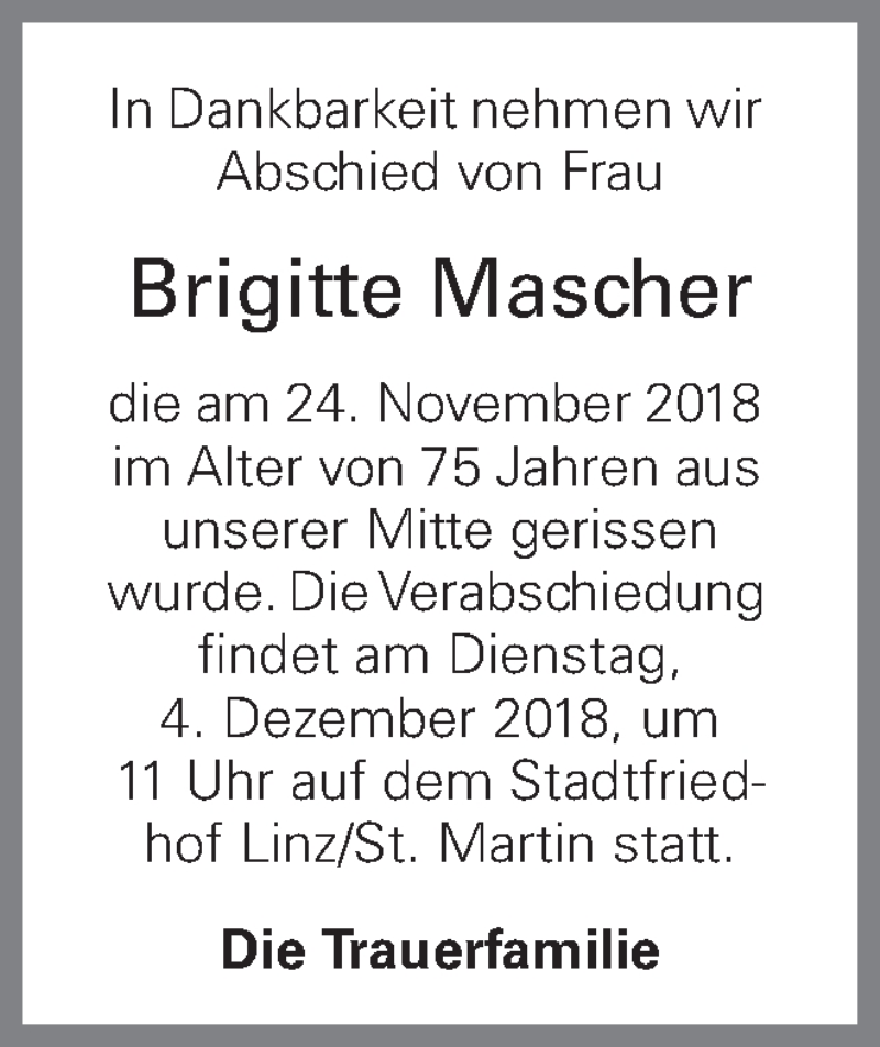  Traueranzeige für Brigitte Mascher vom 29.11.2018 aus OÖNachrichten