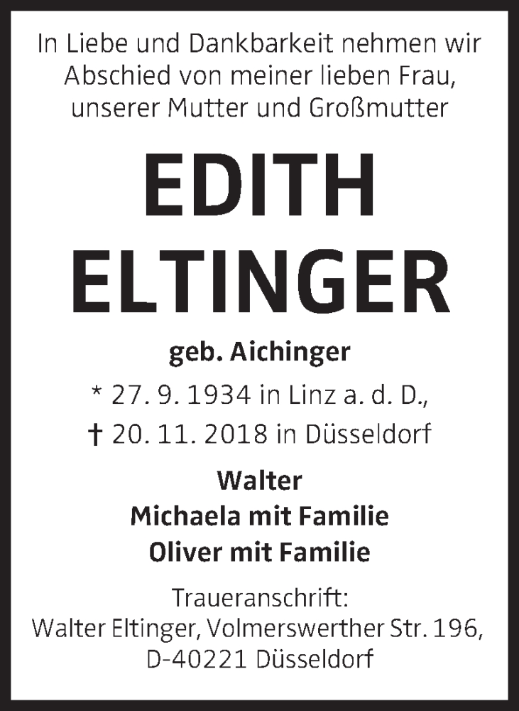  Traueranzeige für Edith Eltinger vom 01.12.2018 aus OÖNachrichten