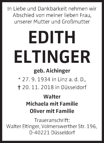 Traueranzeige von Edith Eltinger von OÖNachrichten