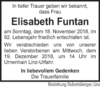 Traueranzeige von Elisabeth Funtan von OÖNachrichten