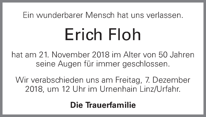  Traueranzeige für Erich Floh vom 01.12.2018 aus OÖNachrichten