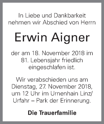 Traueranzeige von Erwin Aigner von OÖNachrichten