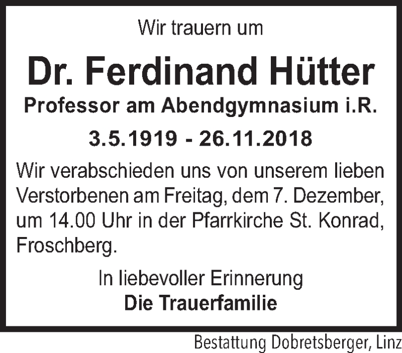  Traueranzeige für Ferdinand Hütter vom 05.12.2018 aus OÖNachrichten