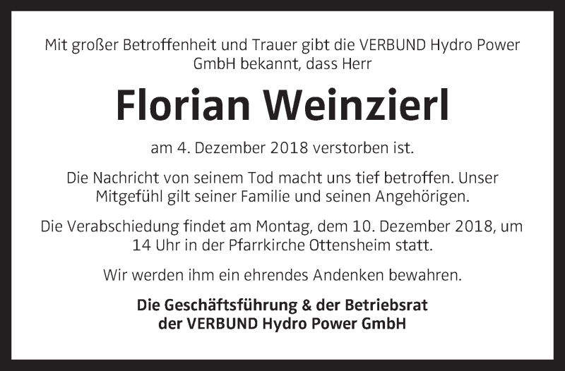  Traueranzeige für Florian Weinzierl vom 07.12.2018 aus OÖNachrichten