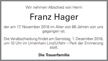 Traueranzeige von Franz Hager von OÖNachrichten